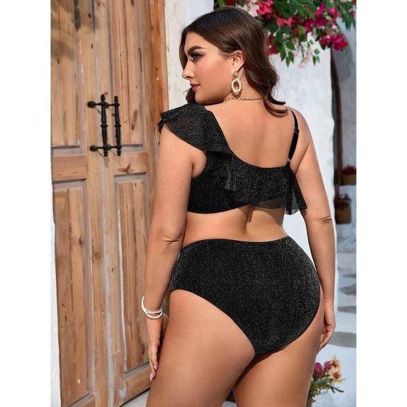 NEW Ruffle Trim Asymmetrical Neck Bikini Swimsuit 1XL - Picture 2 of 4